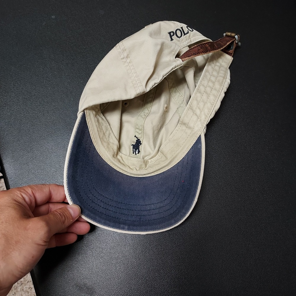 Vintage Polo Ralph Lauren Hat Mens OSFA Grunge Distressed Beige Strapback 90s - Picture 6 of 7
